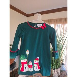 RARE EDITIONS- Girls Green Snowman Holiday Dress Size 10 Long Sleeve Ruffle Trim